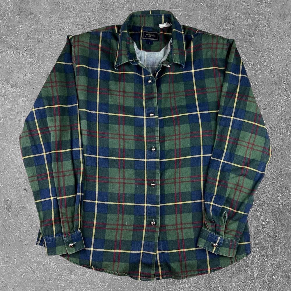 Roper Green Plaid Western Flannel Shirt Womens Large Silver Ball Button Western